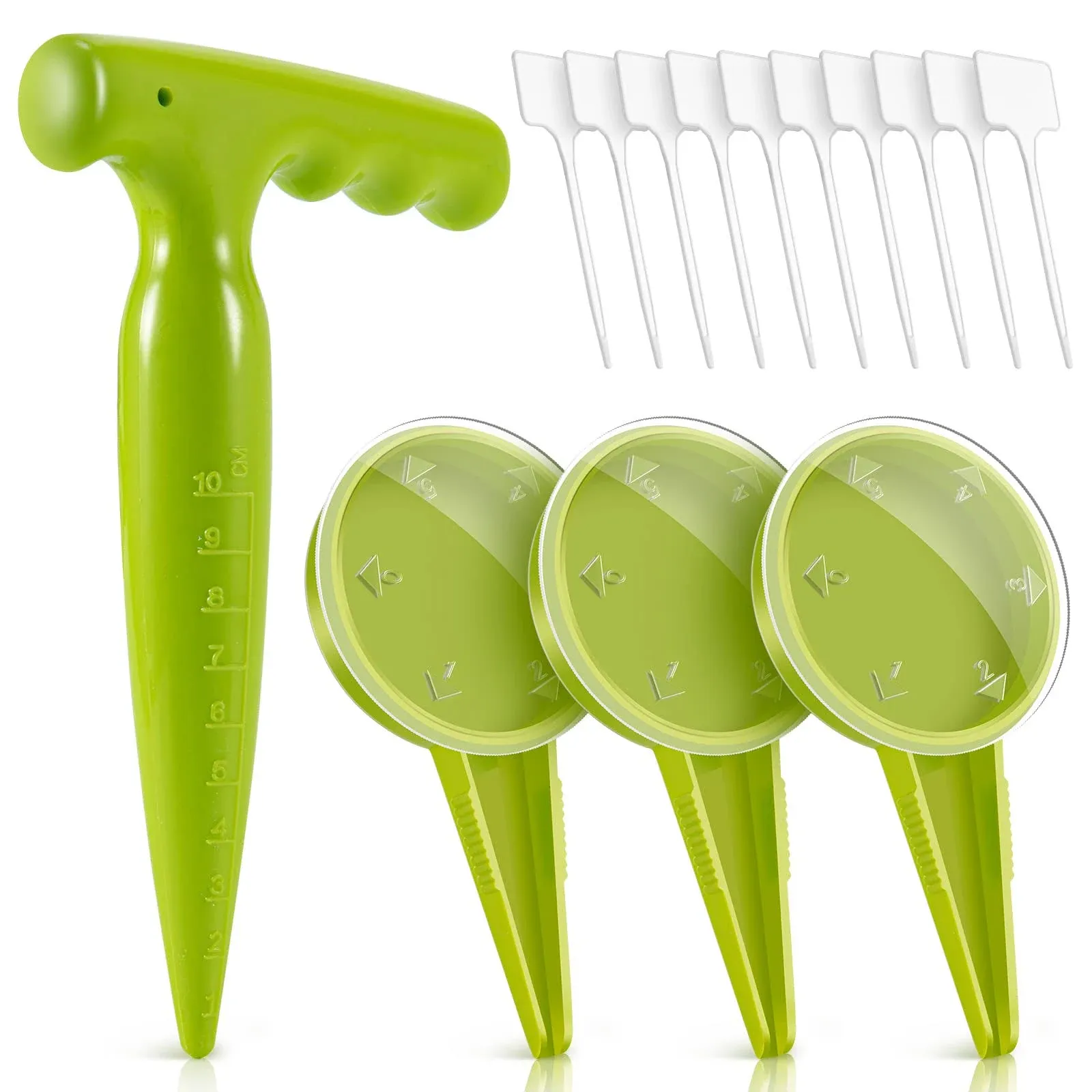 14pcs Seed Dispenser Planter Tool Set - Adjustable Garden Seeder Sower with 5 Dial Settings, Plant Dibber with Measurements, T-Type Plastic Plant Labels Tags Markers - Durable, Handheld