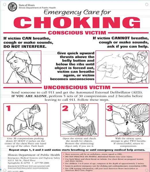 Emergency Care for Choking Poster State of Illinois Sign (White, Rust Free  