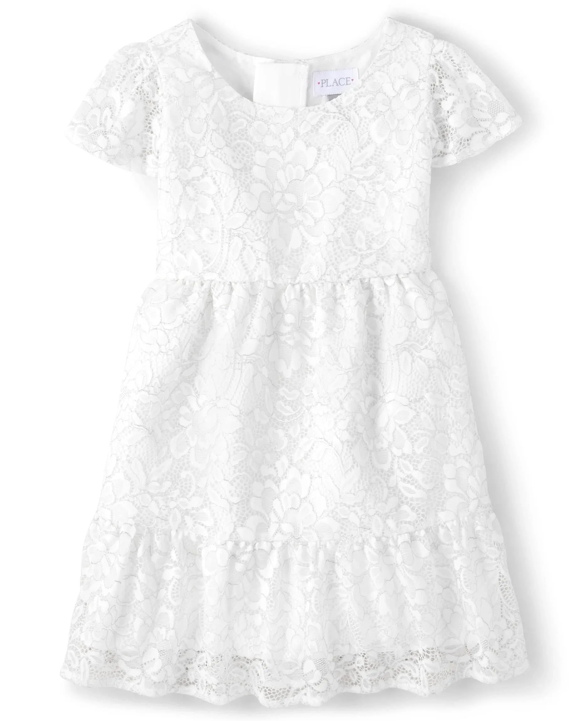 The Children&#039;s Place-White lace dress with silver lining around floral pattern