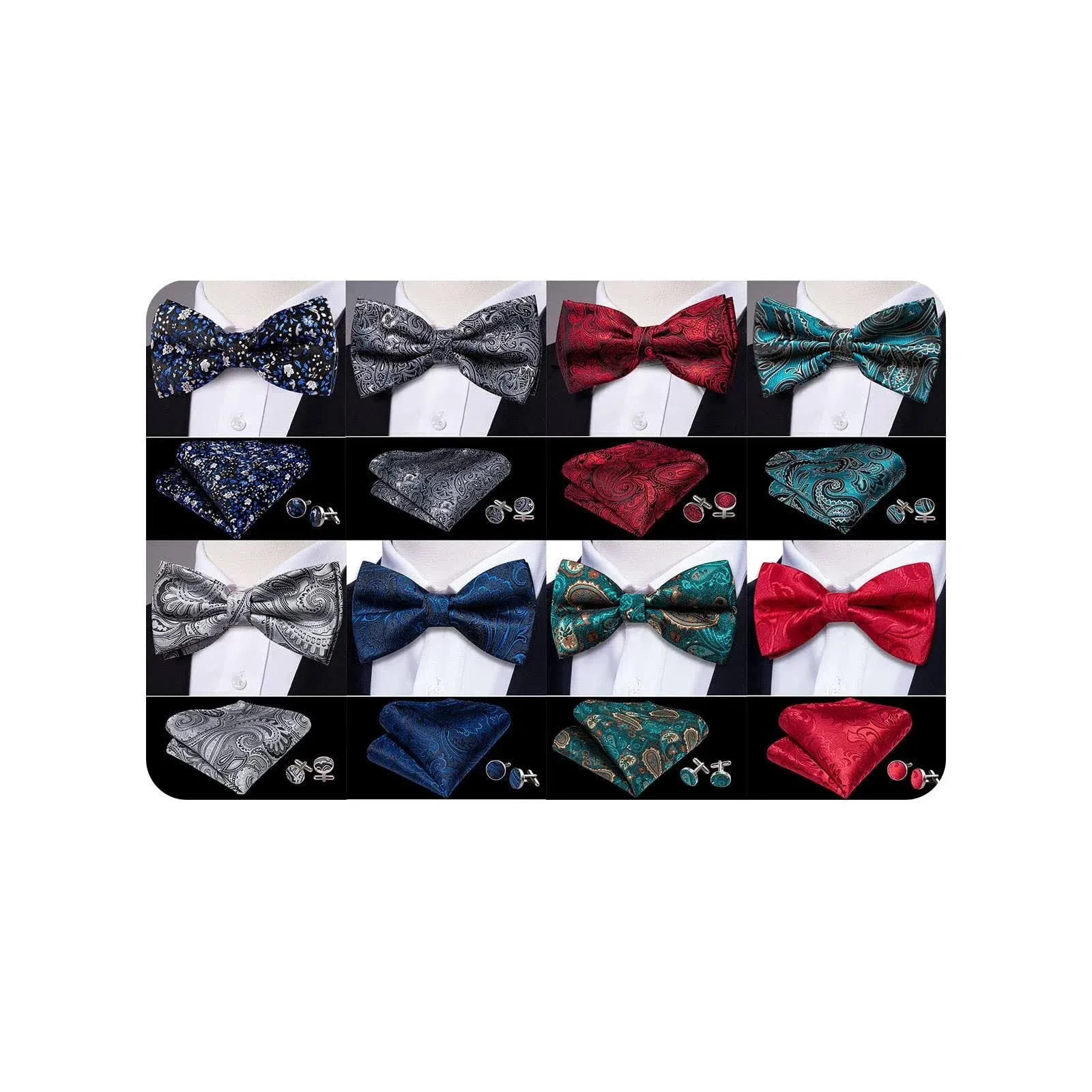 YOHOWA 4PCS Men's Silk Self Bow Tie Boys Bowties Flower Lapel Pin Handkerchief Cufflinks Wedding Formal Party Box