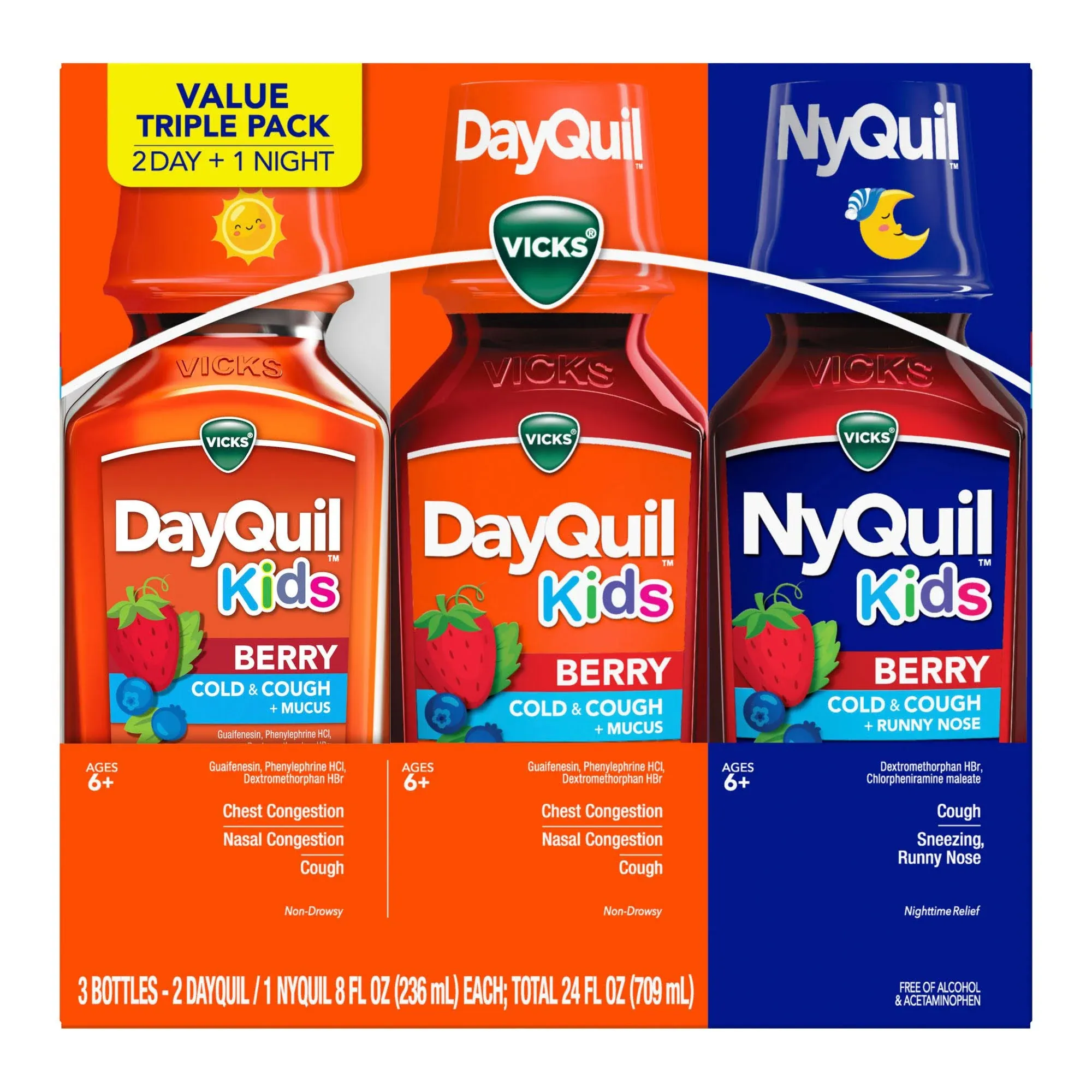 Vicks DayQuil &amp; NyQuil Kids Cold &amp; Cough Liquid, Berry, 8 Fluid Ounce (3 Count)