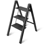 3 Step Ladder Aluminum Lightweight Folding Stool with Wide Black 