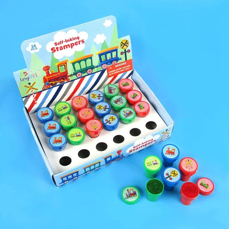 TINYMILLS 24 Pcs Train Stampers for Kids Birthday Party Goody Bag Stuffer Pinata Filler Carnival Rewards Class Prizes