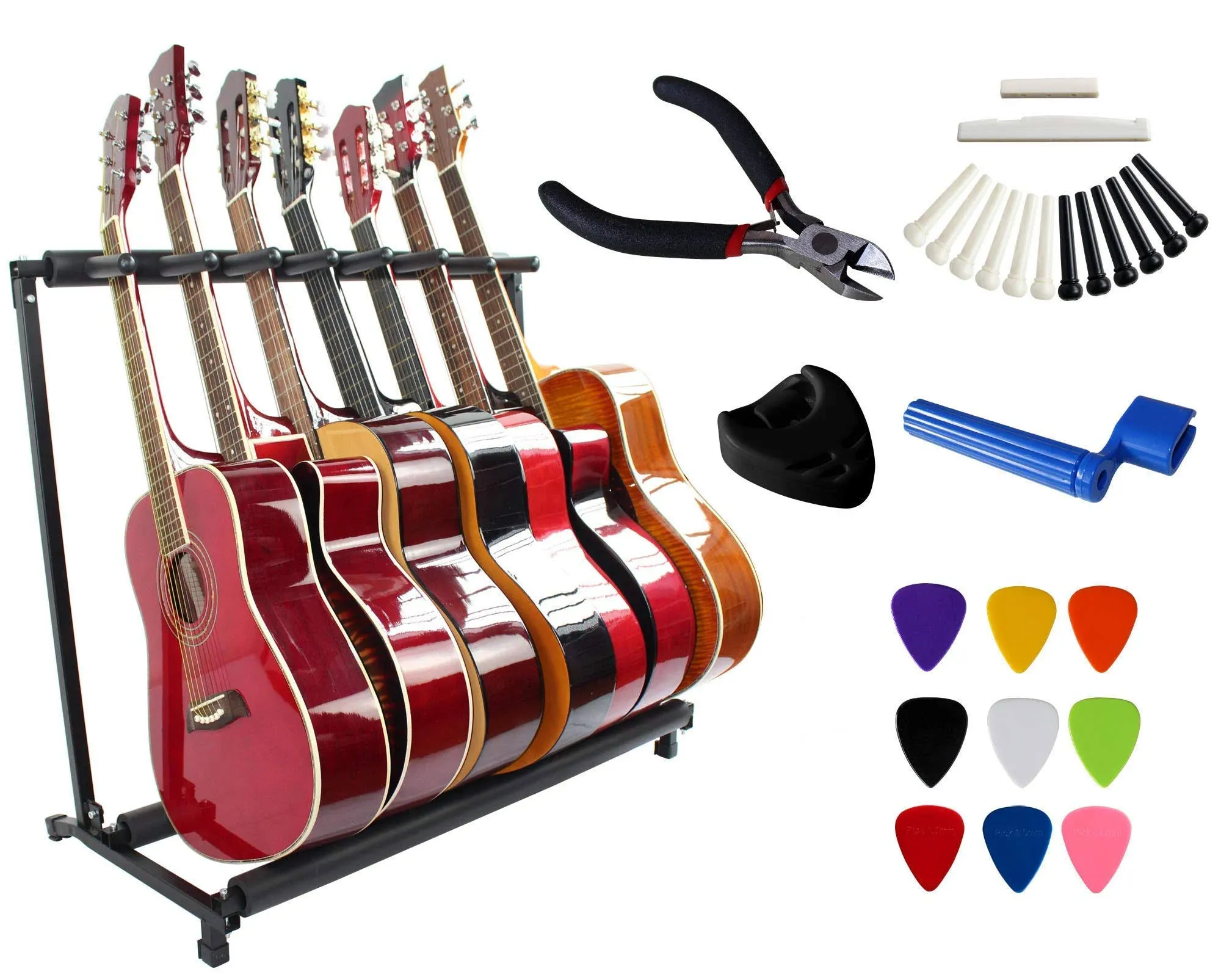 YMC Folding Multiple Guitar Stand for Acoustic Electric Guitar Bass Rack Band Stage,Includes Picks,Pick Holder,String Winder,Bridge Pins,Nut Saddle,String Cutting Plier -7 Holders