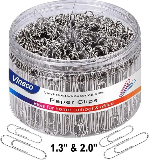 Vinaco Paper Clips Smooth Silver, Medium and Jumbo Paper Clip (1.3 inch & 2.0 inch), Durable and Rustproof, Coated Paper Clips Great for Office School and Personal Use