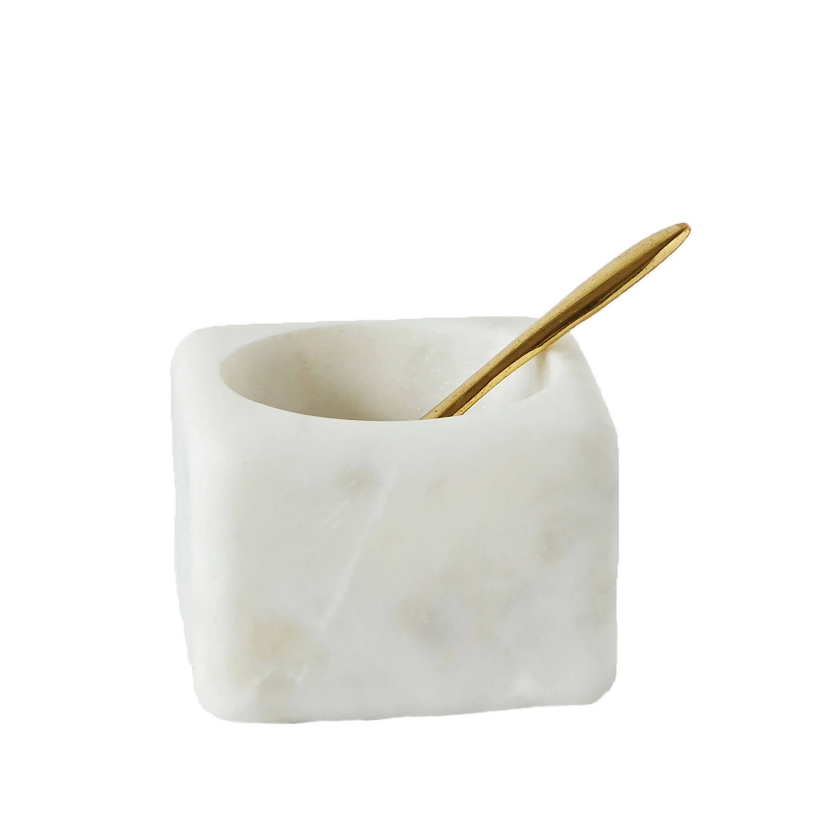 Creative Co-Op Square White Marble Bowl with Brass Spoon 3 inch sides 2.5 Height