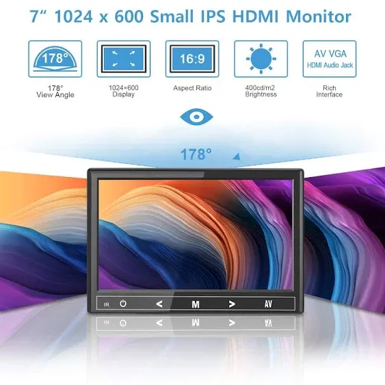 7 inch Mini Monitor, 1024X600 IPS Display Screen Small HDMI Monitor VGA Monitor for PC/CCTV/Raspberry PI/Security Camera/Gaming, Build in Speakers & Earphone Jack, with Remote Control