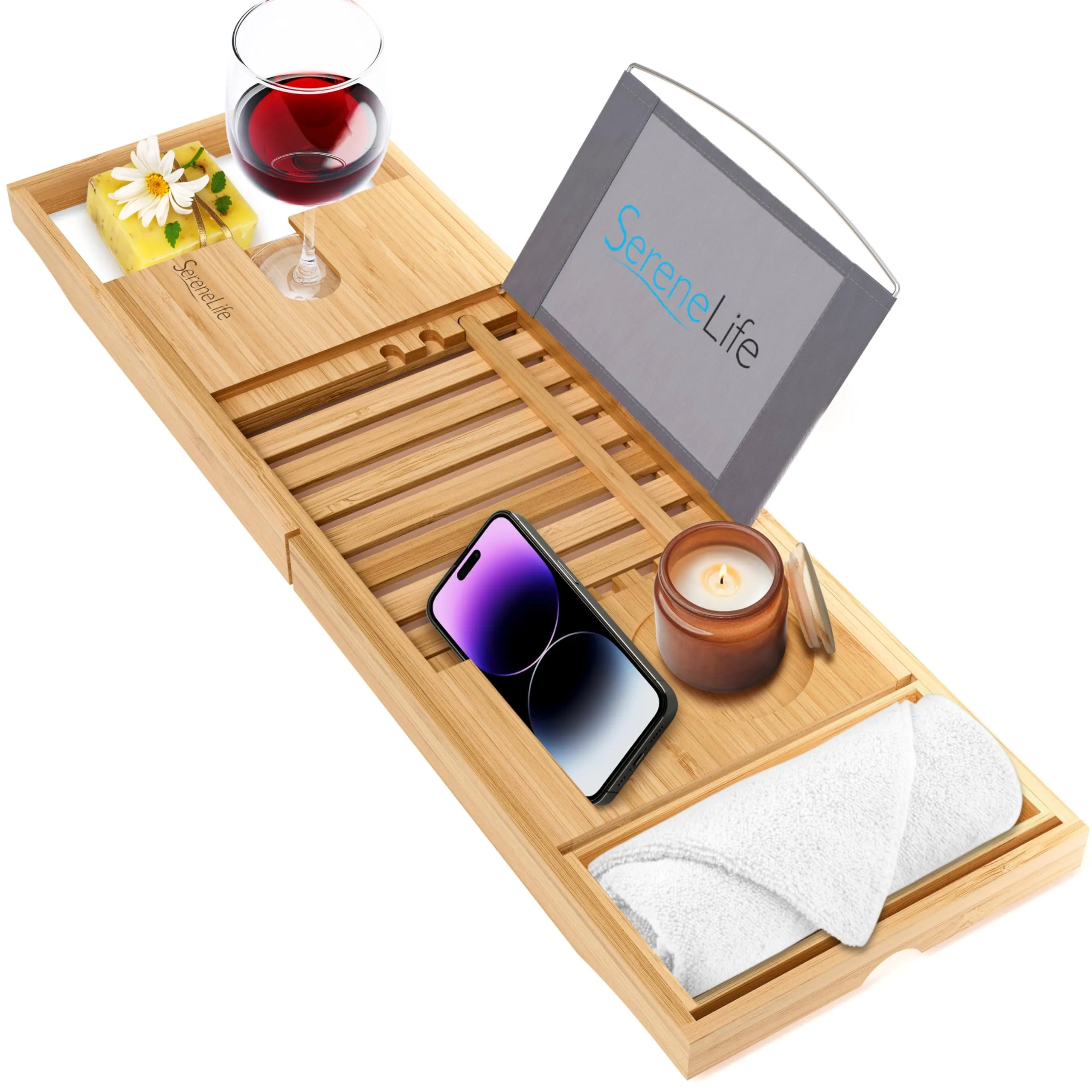 SereneLife Luxury Bamboo Bathtub Shower Caddy Tray Organizer with Wine Holder