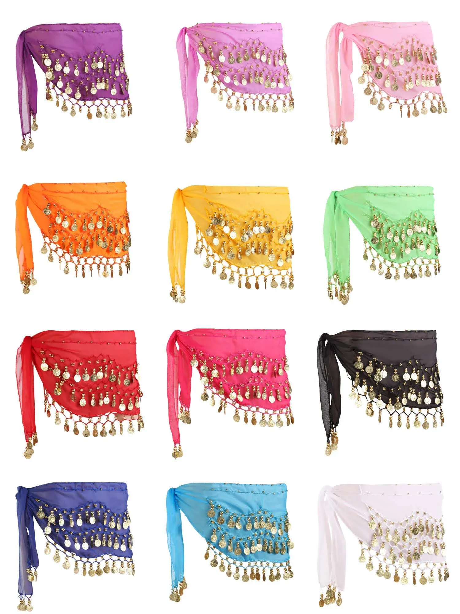 Zhanmai 12 Pieces Belly Dance Hip Scarf for Belly Dancer 12 Colors Waist Chain Dance Hip Scarf Belt with Dangling Coins