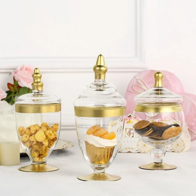 Efavormart 3 Pack | Gold Glass Apothecary Jars Candy Buffet Containers with Lids for Wedding Party Favor Decor - 8.5"/9.5"/9"