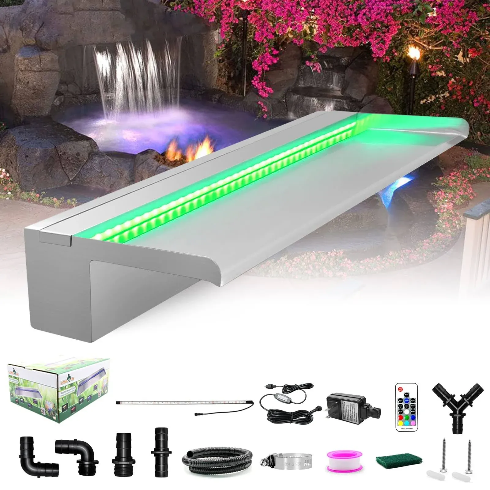 LONGRUN Pool Fountain Stainless Steel Outdoor Pond Spillway Waterfall with Wider Water Flow Platform Multi-Color LED Light Spray Indoor Waterfall Fountains for Garden-35.4" x 8" x 3.94"(W x D x H)