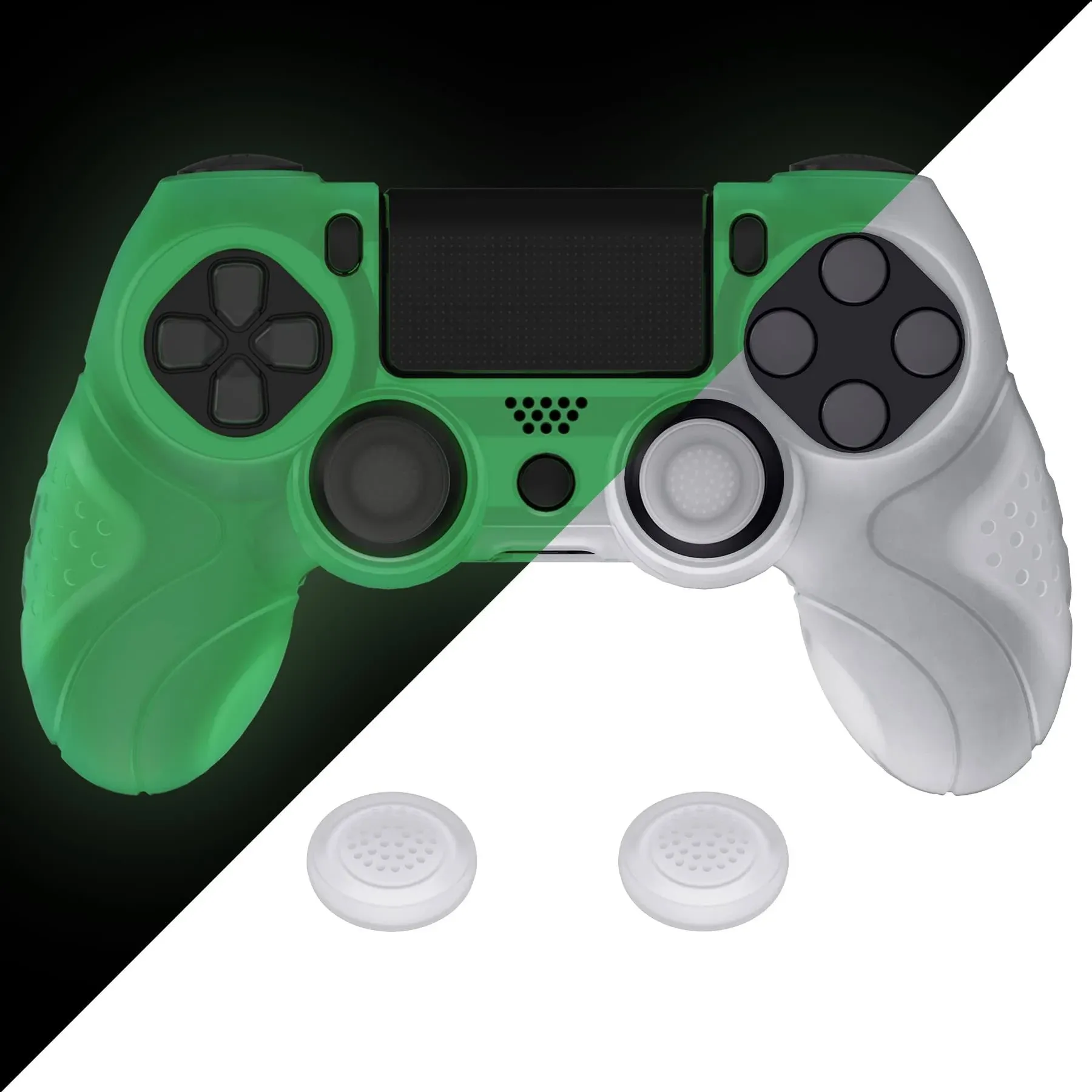 PlayVital Guardian Edition Glow in Dark - Green Ergonomic Soft Anti-Slip Controller Silicone Case Cover for PS4, Rubber Protector Skin with Joystick