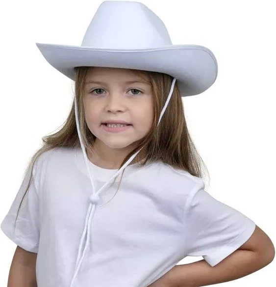 Bedwina White Cowboy Hat for Kids (2-Pack) Felt Cowboy Hat with Neck Drawstring, Plain Cowboy Hats for Boys & Girls for Dress-Up Parties