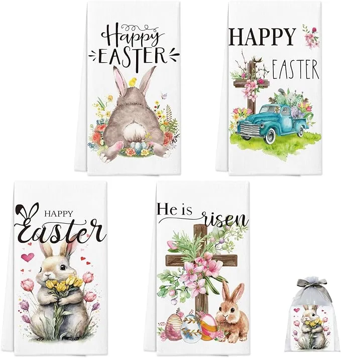  Easter Kitchen Towels Set of 4,16 x 23.6 Inch Rabbit Dish Easter Bunny