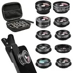 Cell Phone Camera Lens Kit,11 in 1 Super Wide Angle+ Macro+ Fisheye Lens +Telephoto+ Cpl+3/6 Kaleidoscope+Starburst/Radial/Soft/Flow Filter Lens