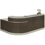 Esquire Glass Top Reception Desk 79 inchw x 63 inchd Mahogany Laminate/Silver Laminate Desktop Kickplate and Accents/Glass Top