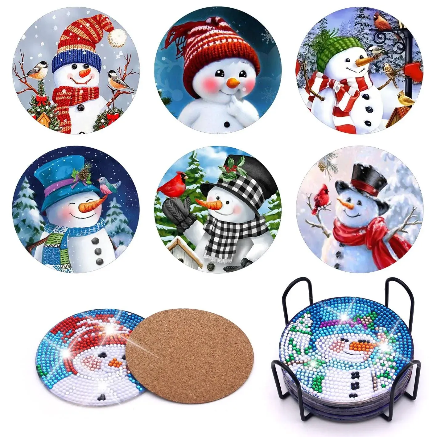 6pcs Christmas Diamond Painting Coaster with Holder, Snowman Diamond Painting Art ...