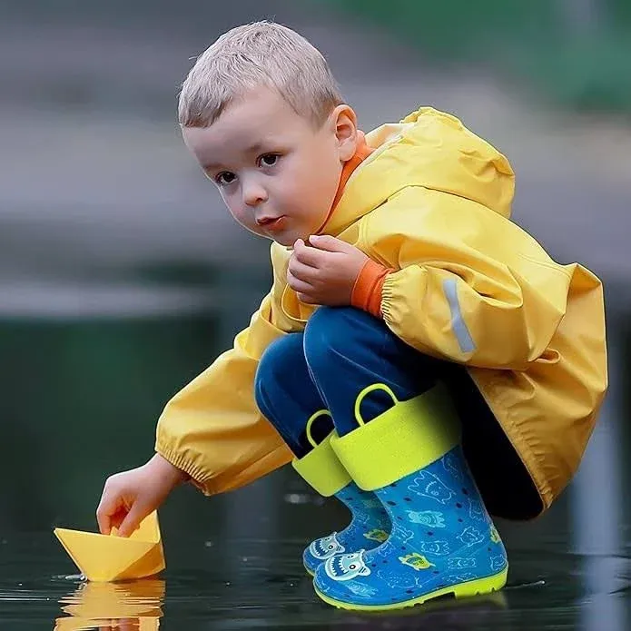 Toddler Rain Boots, Kids Rain Boots Waterproof Rubber Boots for Girls and Boys with Sock, Fun Patterns, Easy-On Handles 8-12