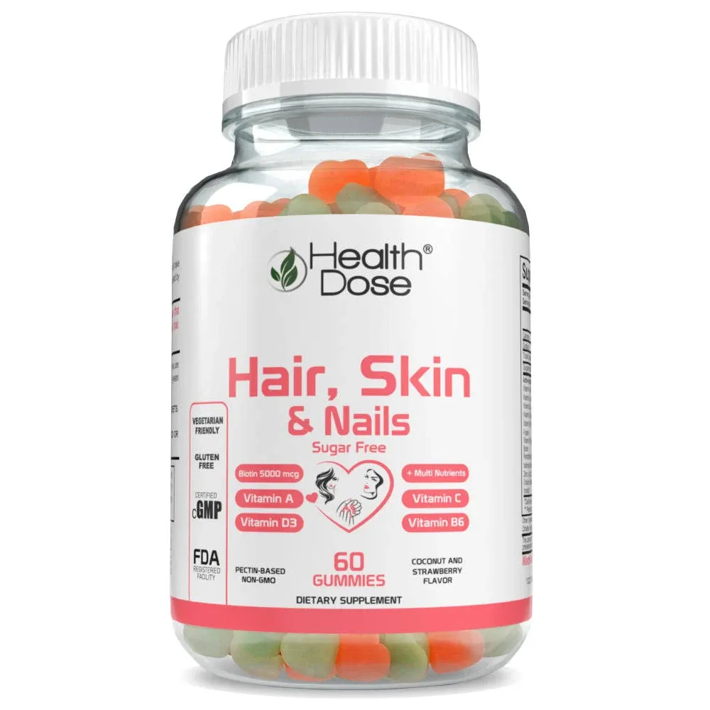 HealthDose Hair Skin Nails Biotin 5000 mcg, Vitamin A,D3,C, B6, Sugar Free 60 ct