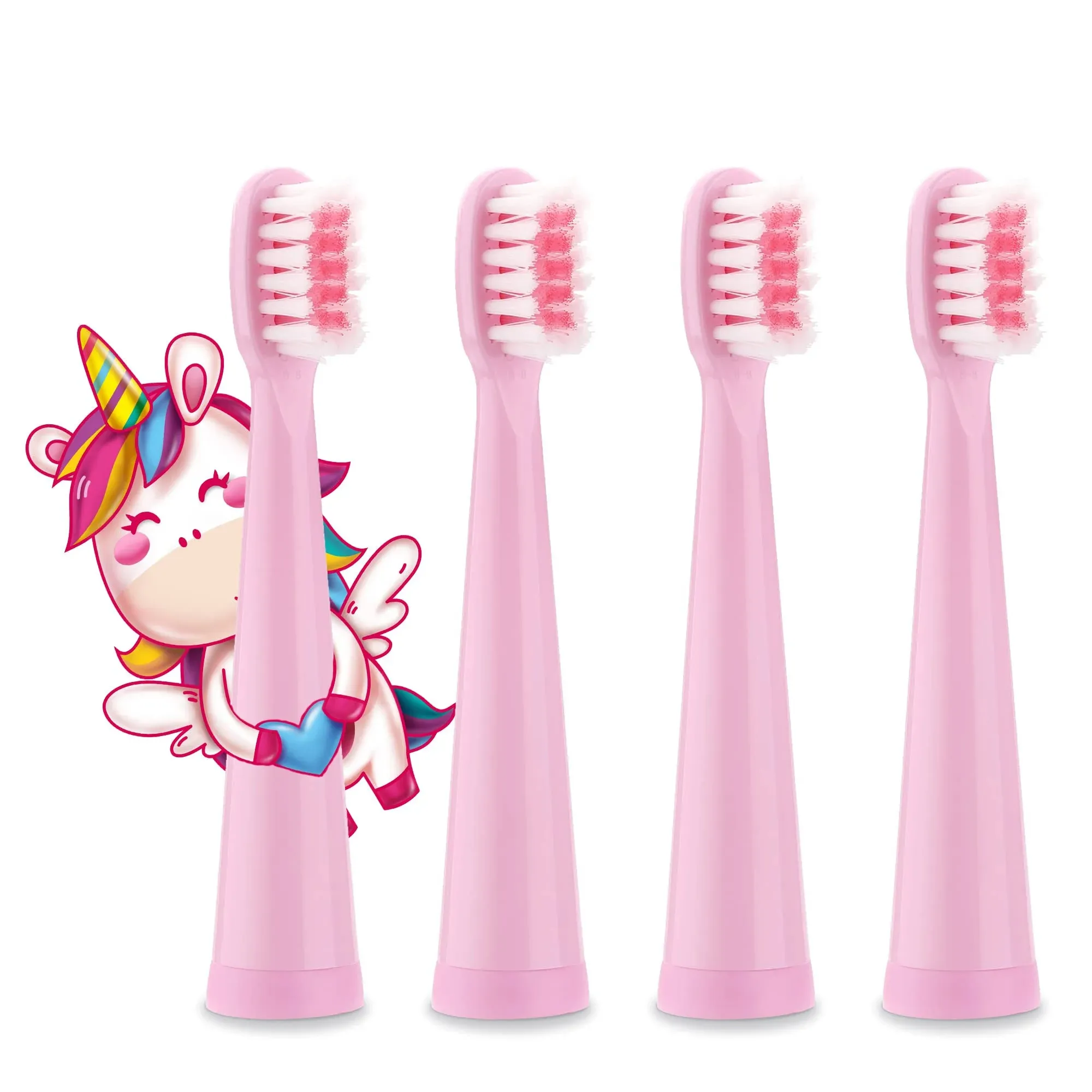 Vekkia Sonic Kids Electric Toothbrush Replacement Heads - 7X More Plaque Removal, End-Rounded 3D Curved Soft Bristles, Comfortable & Efficient Clean Teeth, Perfect for Kid Small Mouth, Pink (4 Pack)