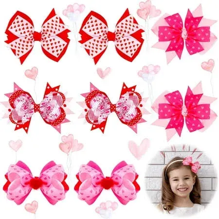 Juexica 8 Pieces Valentine Hair Bow Large Red Bow with Clips Pink Bow Love Ribbon ...