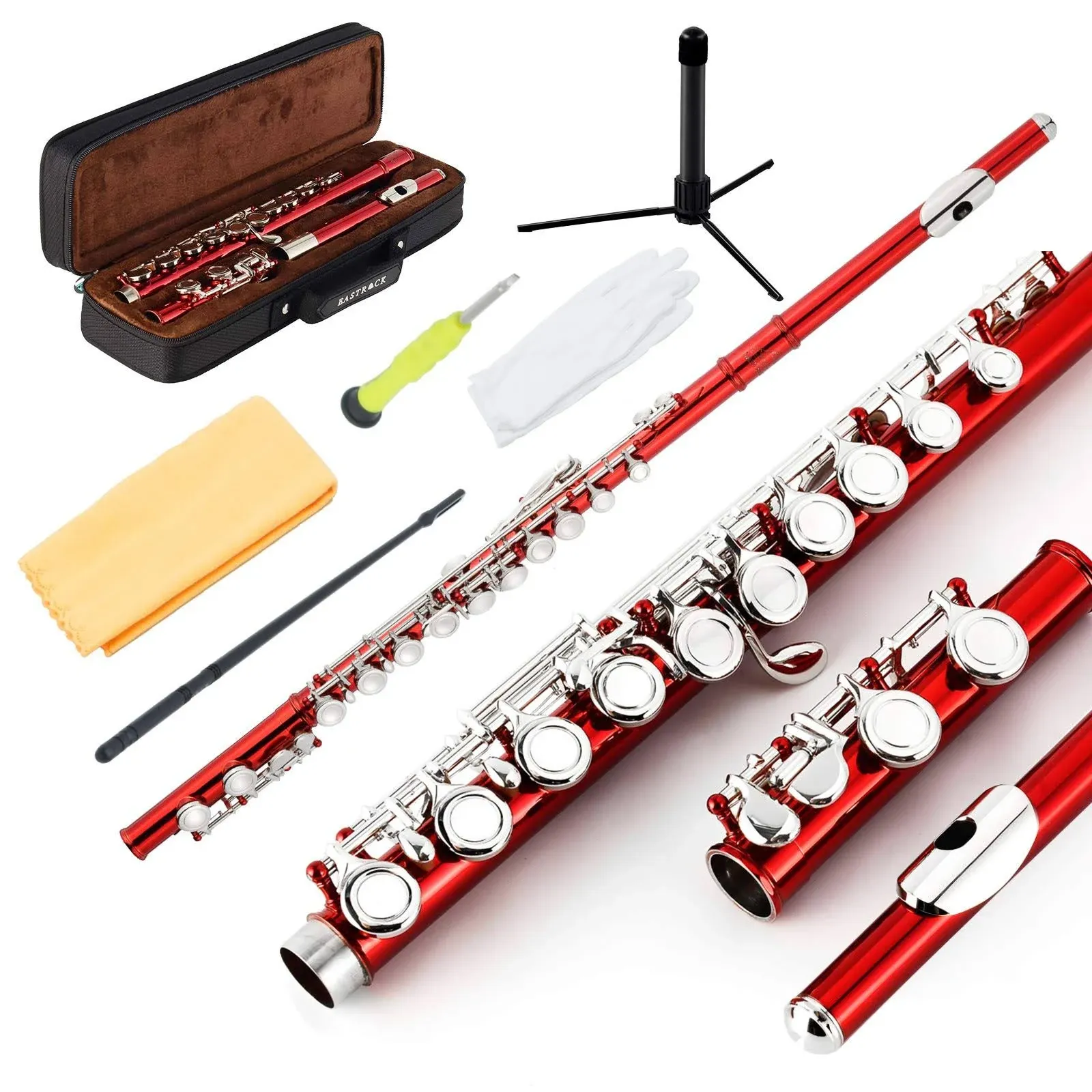 EASTROCK Closed Hole Flutes C 16 Key for Beginner Kids Student -Nickel Flute with Case Stand and Cleaning Kit (Red)