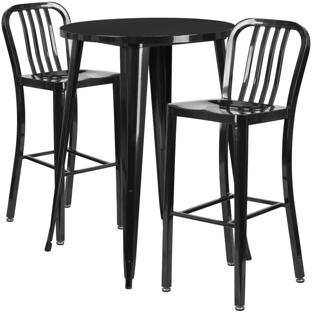 Round Black Metal Indoor-Outdoor Bar Table Set with 2 Vertical Slat Back Stools