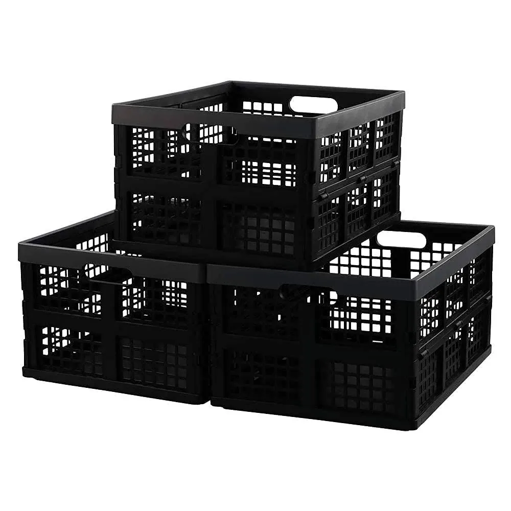  Plastic Collapsible Crate, Set of 3 Folding Crate, Storage Crates () 30 L Black