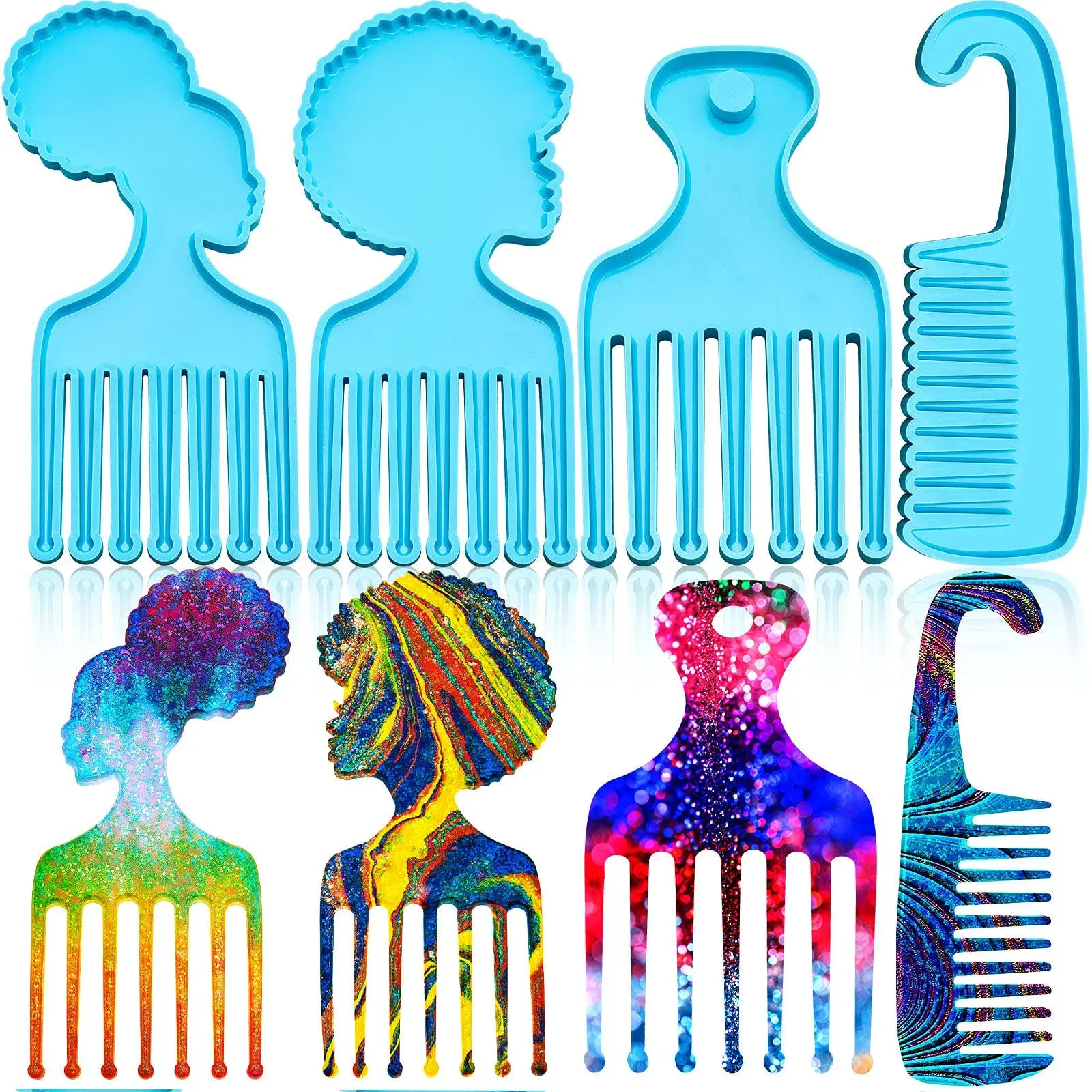 Geiserailie 4 Pieces Hair Pick Mold Comb Resin Mold Afro Comb Silicone Mold Epoxy Casting Comb Molds Afro Female Silicone Resin Comb Mold for DIY Crafts