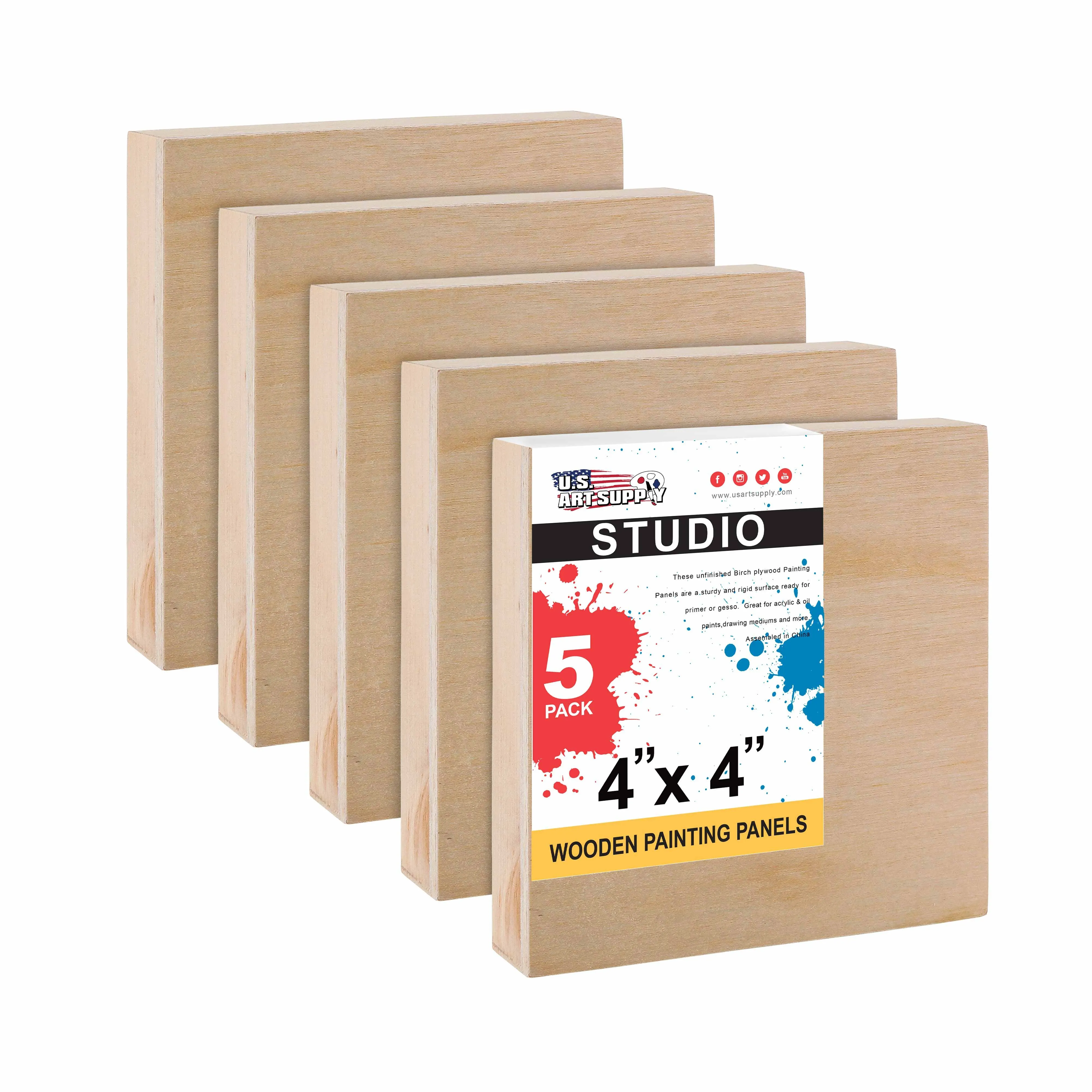 U.S. Art Supply 4&quot; x 4&quot; Birch Wood Paint Pouring Panel Boards, Studio 3/4&quot; Deep Cradle (Pack of 5) - Artist Wooden Wall Canvases - Painting