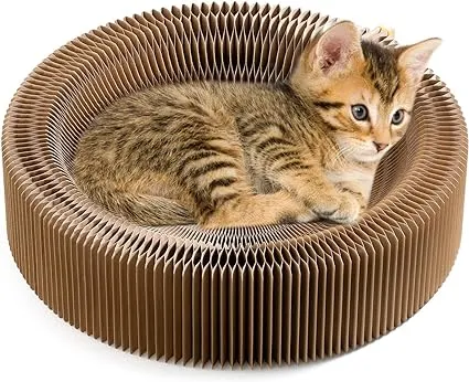 Collapsible Cat Scratcher Lounge Bed, Cardboard Cat Bed, Corrugated Pet Scratcher Pad, Round Cat Scratching Bed Nest for Indoor Big Large Kitty Kitten Cats