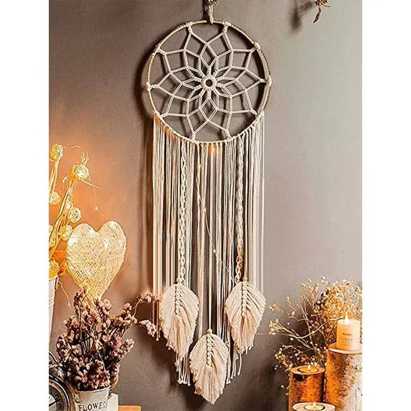 Nice Dream Large Macrame Dream Catcher, Wall Hanging Tapestry Bohemian Style Home Decor with 3 Woven Feather Tassels, Beige