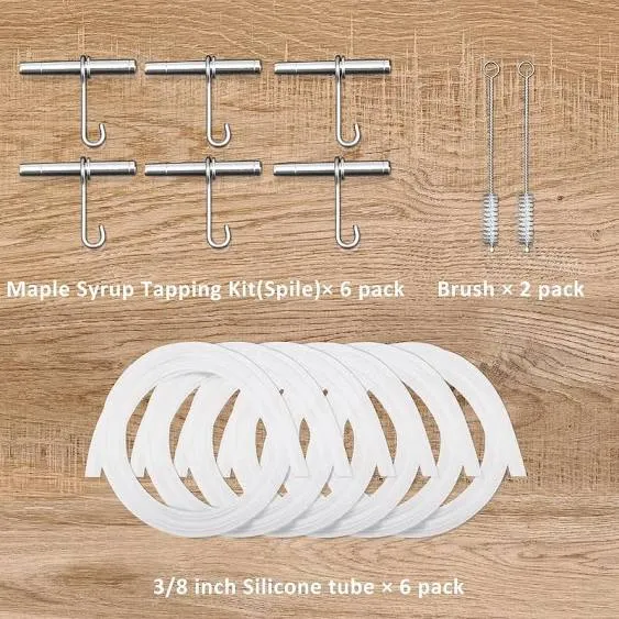 Maple Syrup Tapping Kit, Stainless Steel Maple Tree Taps Spiles, 6 Spiles and Hooks, 6pcs 3-ft Food Grade Tubing with 2 pack Spile Cleaning Brushes