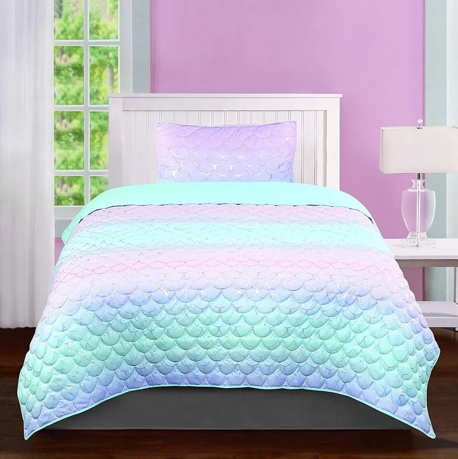 Tadpoles Girls Mermaid Pattern Quilt Set, with 1 Twin Size Quilt and 1 Standard Sham, Lightweight, Soft, and Durable, Iridescent Metallic, for Kids, 2-Piece Set - Twin.