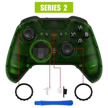 eXtremeRate Clear Green Faceplate Cover, Front Housing Shell Case Replacement Kit for Xbox One Elite Series 2 Controller Model 1797 and Core Model 1797 - Thumbstick Accent Rings Included - ELM505