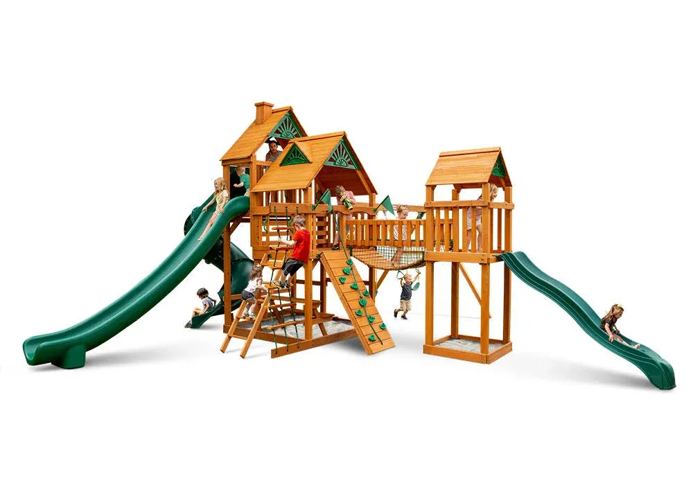 Treasure Trove II Wooden Outdoor Playset with 3 Slides, Clatter Bridge, Rock Wall, and Backyard Swing Set Accessories