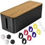 Cable Management Box Large - Wooden Grain Cable Organizer Box to Hide Wires&Power Strips,TV&Desk Computer Wires,with Cable Clips&Reusable Cable Ties for Home&Office(Black)