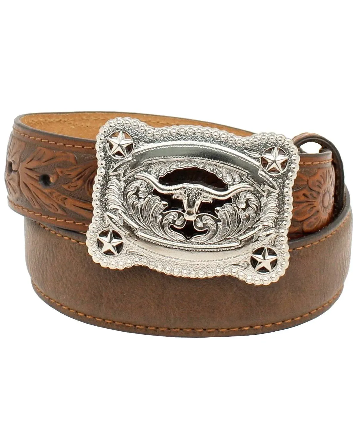 Nocona Boys Tooled Leather Longhorn Belt