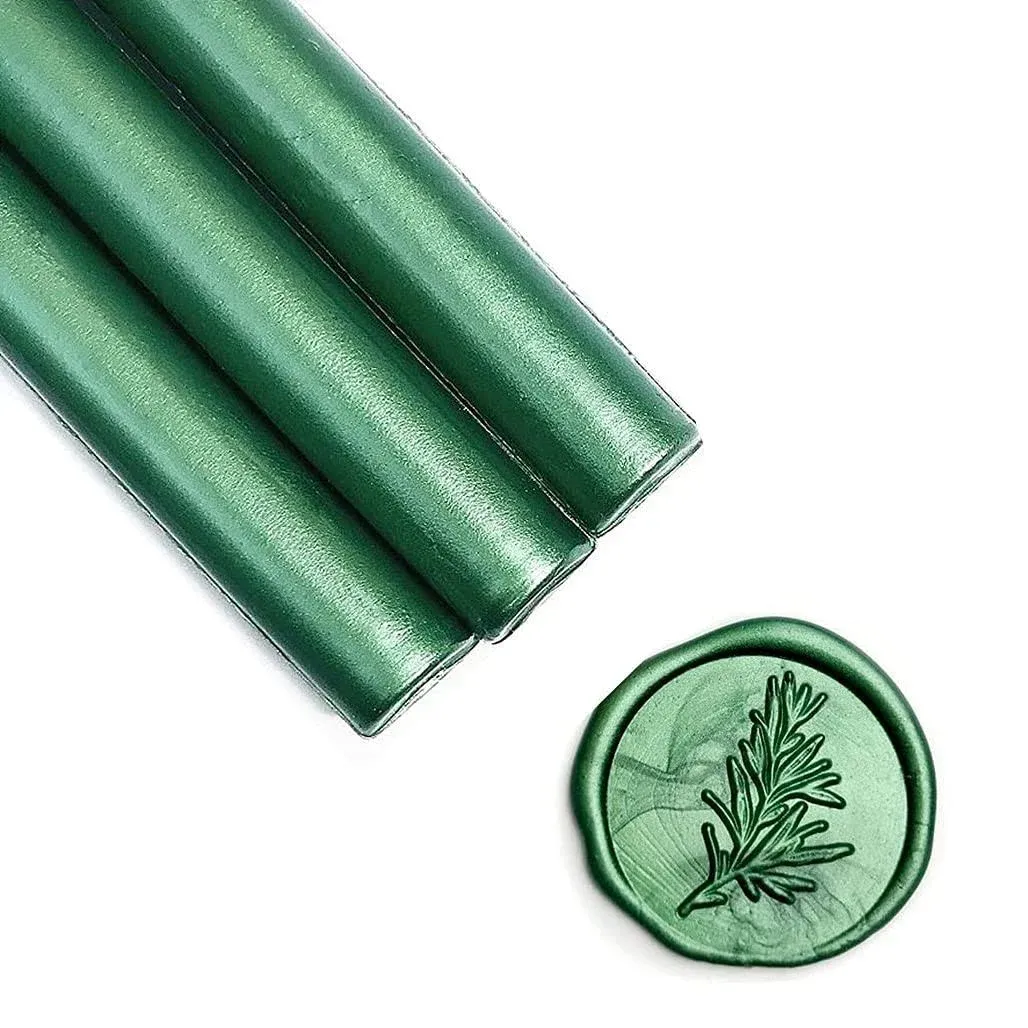 UNIQOOO Mailable Glue Gun Sealing Wax Sticks for Wax Seal Stamp - Metallic Botanical Green, Great for Birthday Cards, Wedding Invitations, Envelope, Snail Mail, Wine Package, Xmas Gift Idea, Pack of 8