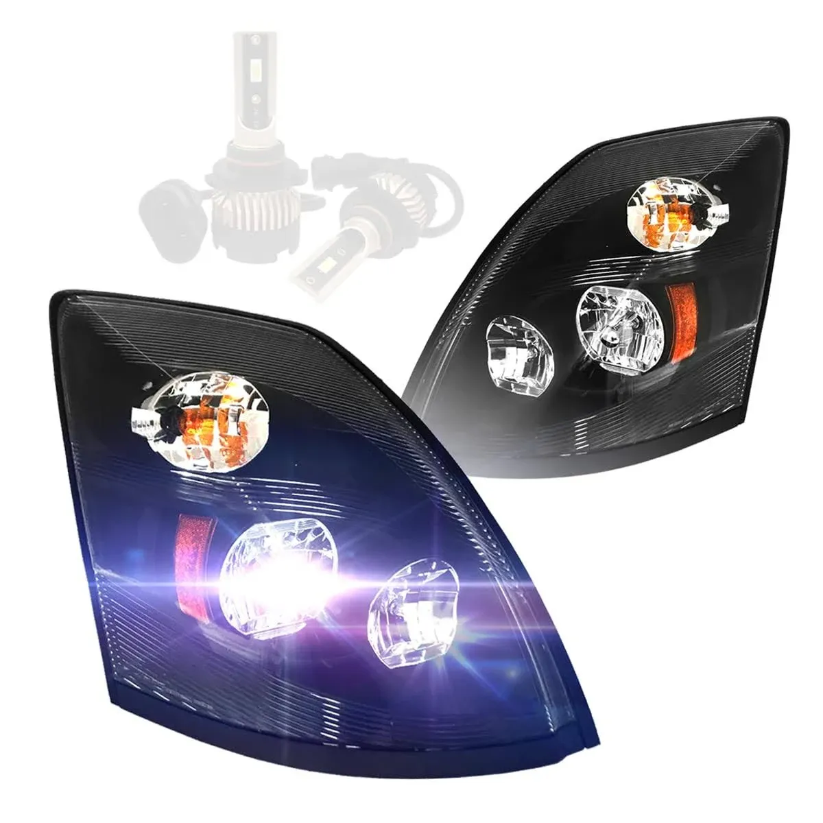 Headlight LED style Black w/ LED Bulbs LH &amp; RH Fit 04-18 Volvo VNL VN VNM