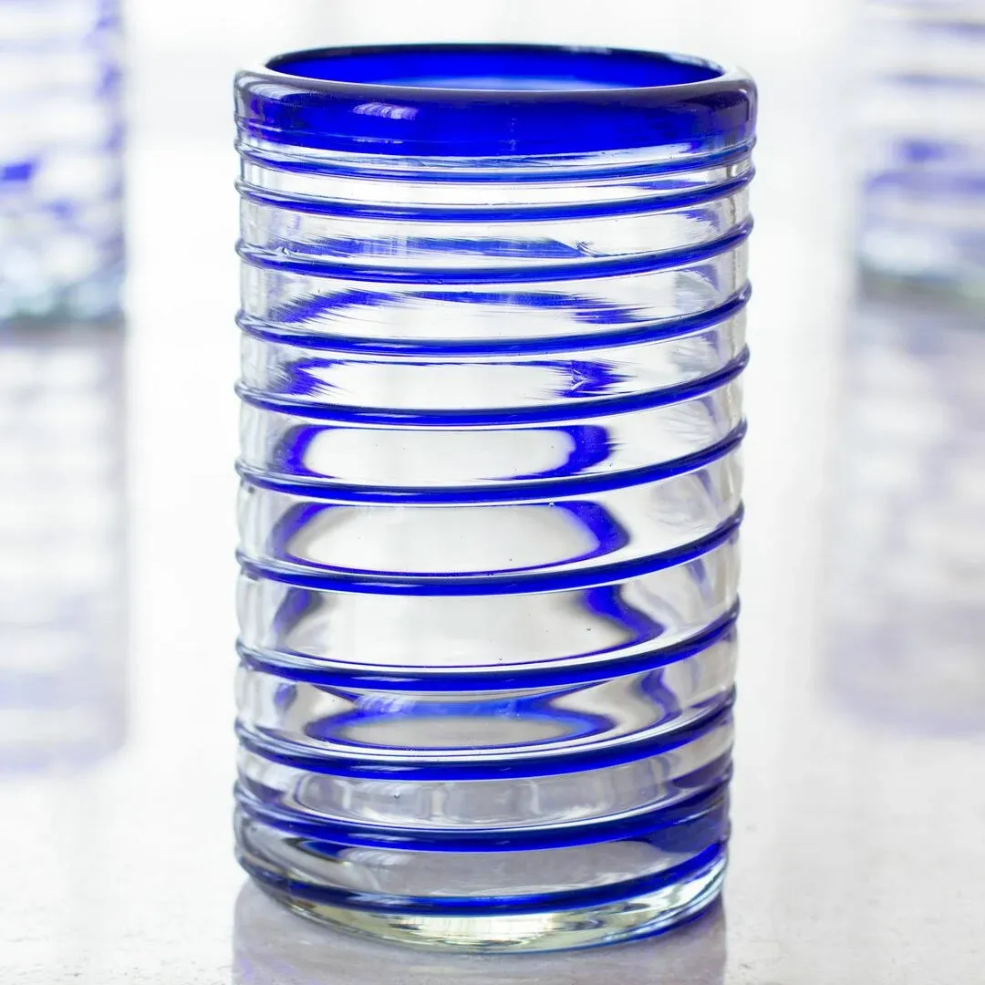 NOVICA Artisan Crafted Hand Blown Cobalt Blue Recycled Glass Spiral Glasses, 14 oz.