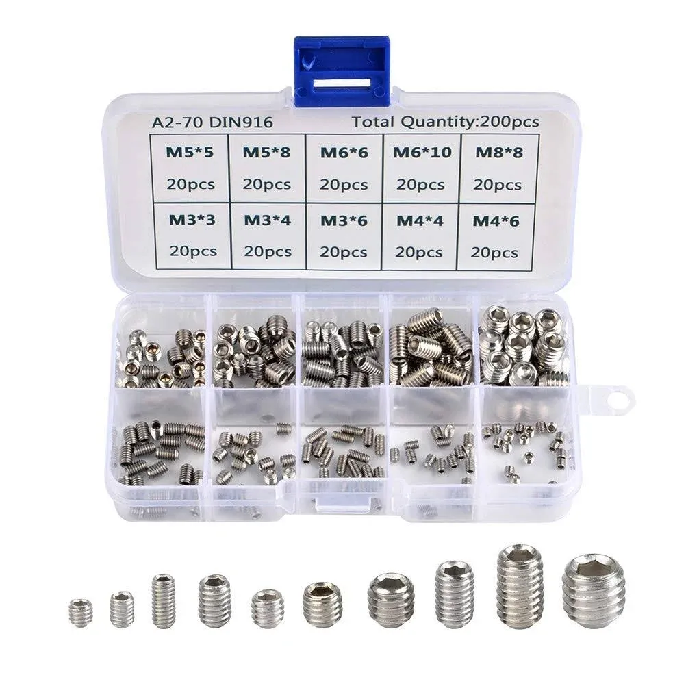 Qlouni 200pcs M3 M4 M5 M6 M8 Allen Head Socket Hex Grub Screw Set Cup Point ...