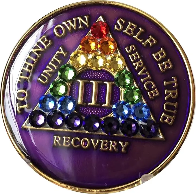 3 Year AA Medallion Purple Tri-Plate Rainbow Swarovski Crystal Sobriety Chip