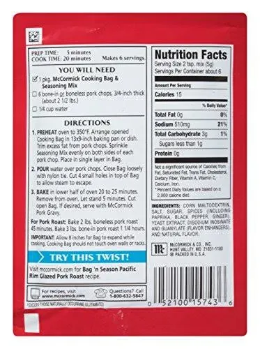 McCormick Bag 'n Season Pork Chops Cooking Bag & Seasoning Mix, 1.06 oz