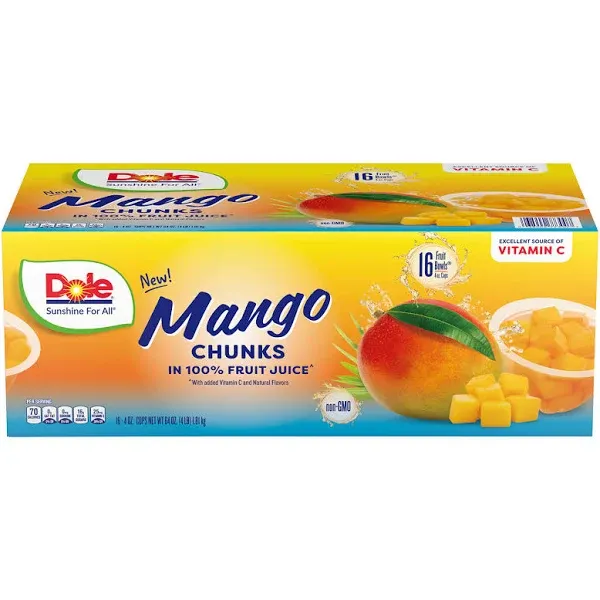 Dole Mango Chunks Fruit Cups in 100% Juice, 4 Ounce Cups (16-Count)