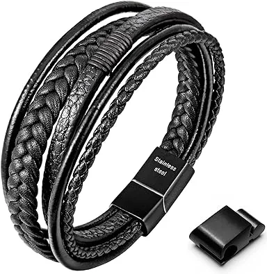 Speroto Mens Bracelet Adjustable Mens Leather Bracelet with Stainless Steel C...