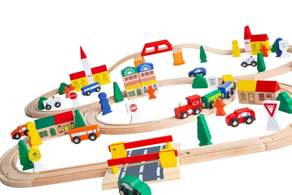 Wooden Train Set 100 Piece Orbrium Toys Triple Loop Fits Thomas Brio Chuggington