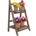 MyGift 2 Tier Rustic Brown Solid Wood Freestanding Foldable Indoor Plant Stand, Decorative Wooden Display Shelf