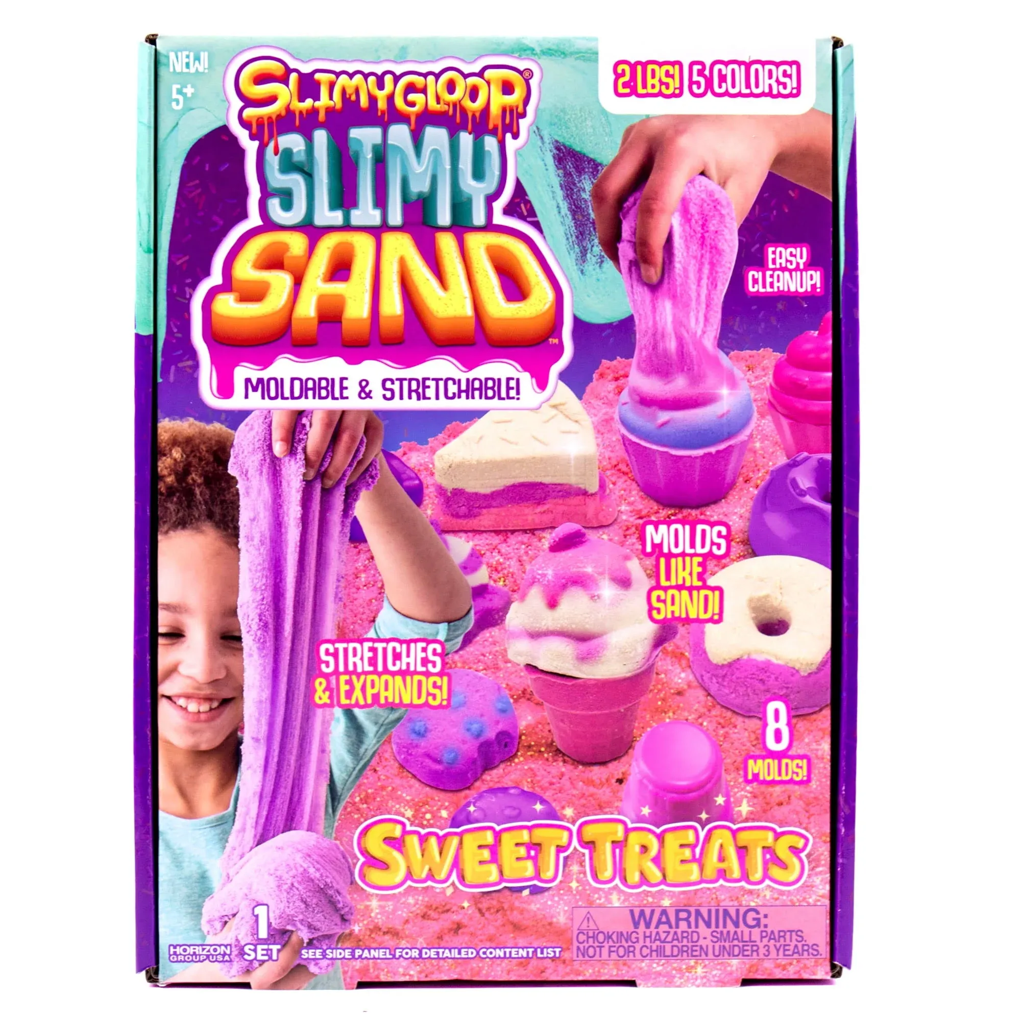 Sweet Treats, 2 Pounds of SlimySand in 5 Colors (Pink Glitter, White Glitter, and Pink, Blue and Purple), 6 3D Molds & Reusable Box For Play. Super Stretchy & Moldable Cloud Slime!