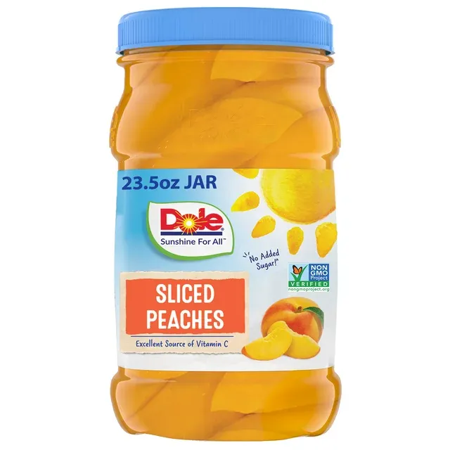 Dole Fruit Jars, Yellow Cling Sliced Peaches in 100% Fruit Juice, Gluten Free, Pantry Staples, 23.5 Oz Resealable Jar